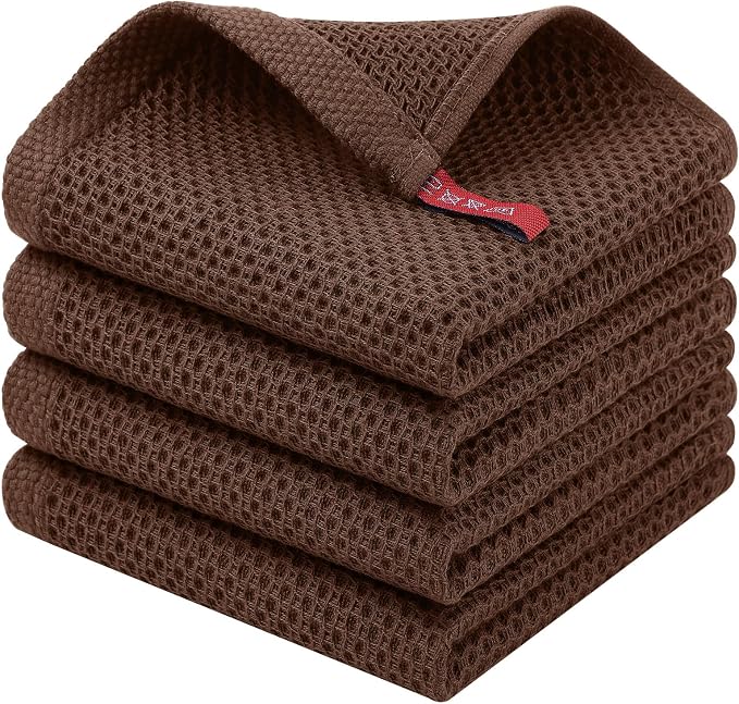 Homaxy 100% Cotton Waffle Weave Kitchen Dish Cloths, 4-Pack, Coffee | 12 x 12 Inches, Ultra Soft Absorbent Dish Towels, Quick Drying Dish Rags with Hanging Loop