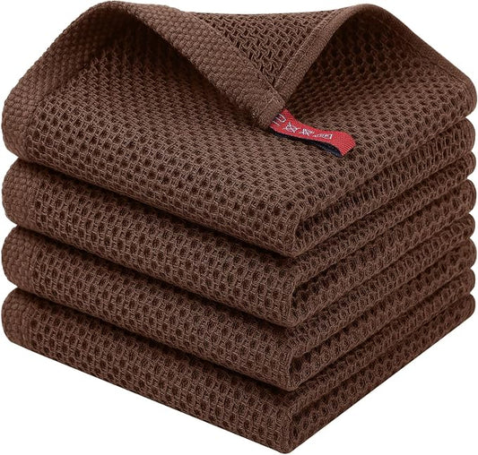 Homaxy 100% Cotton Waffle Weave Kitchen Dish Cloths, 4-Pack, Coffee | 12 x 12 Inches, Ultra Soft Absorbent Dish Towels, Quick Drying Dish Rags with Hanging Loop