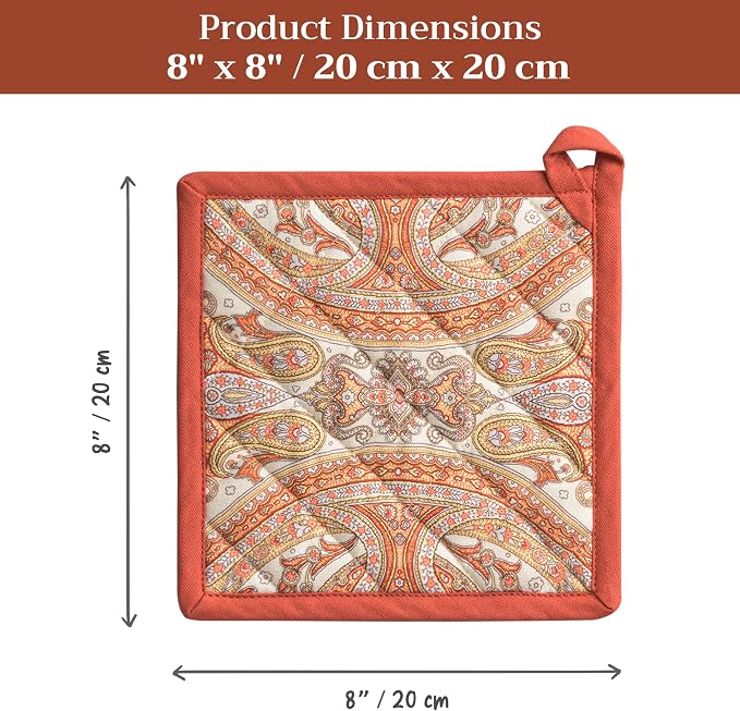 Maison d' Hermine Pot Holders 100% Cotton Potholders (8" x 8", Pack of 2) | Heat Resistant Hot Pads with Loop BBQ Cooking Baking Hotel Kitchen Handling Hot Pans Thanksgiving Christmas - Kashmir Paisley