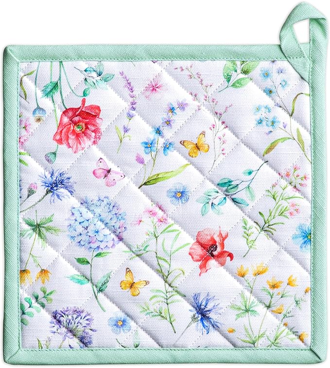 Maison d' Hermine Pot Holders 100% Cotton Potholders (8" x 8", Pack of 1) | Heat Resistant Hot Pads with Loop BBQ Cooking Baking Farmhouse Kitchen Handling Hot Pans Spring Summer - Just Floral