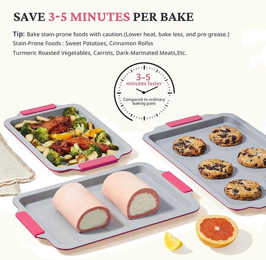 BRONYPRO Non Stick Ceramic Baking Sheet Pan Set of 3, Natural Non Toxic Cookie Sheets for Baking - PFOA, PTFE Free, Aluminized Steel Oven Trays for Cooking with Silicone Handles, Rose Red