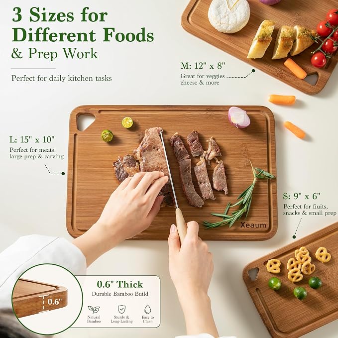 Bamboo Cutting Board for Kitchen, 3-Piece Wooden Cutting Board Set with Juice Grooves, Side Handles, Non-Slip Mats, Reversible Boards for Meat, Vegetables, Fruit, Kitchen Gift
