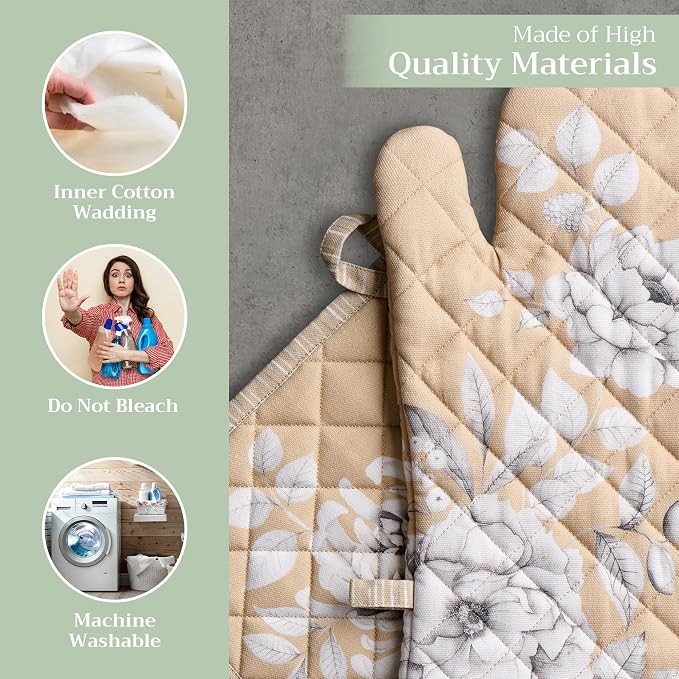 Maison d' Hermine 100% Cotton Oven Mitt & Pot Holder Set (7.5"x13" & 8"x8") | Heat Resistant BBQ Cooking Gloves with Loop Baking Grilling Kitchen Home Farmhouse Thanksgiving Christmas - Pretty Autumn