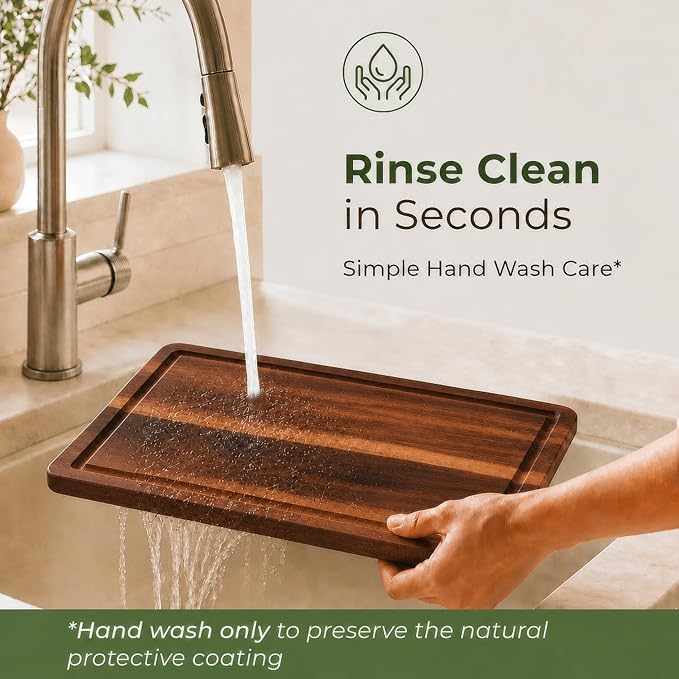 Acacia Wood Cutting Board Set of 3 with Holder, Juice Grooves & Handles | Durable and knife-friendly for chopping, food prep and charcuterie serving; three sizes with a matching storage stand