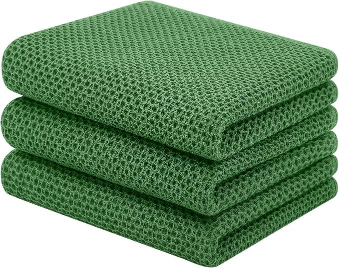 Homaxy 100% Cotton Waffle Weave Kitchen Towels, 3-Pack, Grass Green | 13 x 28 Inches, Ultra Soft Absorbent Dish Towels, Quick Drying Cleaning Towels