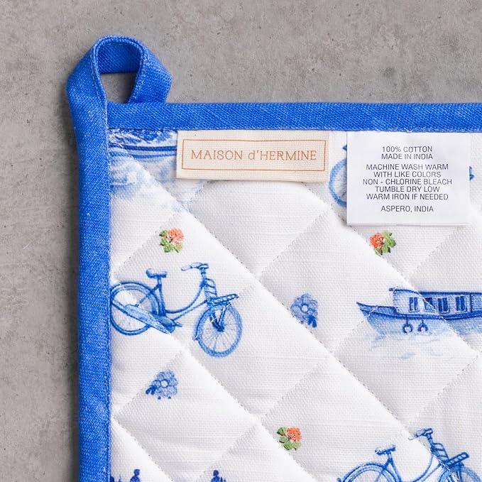 Maison d' Hermine 100% Cotton Oven Mitt & Pot Holder Set (7.5"x13" & 8"x8") | Heat Resistant BBQ Cooking Gloves with Loop Baking Grilling Kitchen Hotel Home Farmhouse Spring Summer - Amsterdam Canals