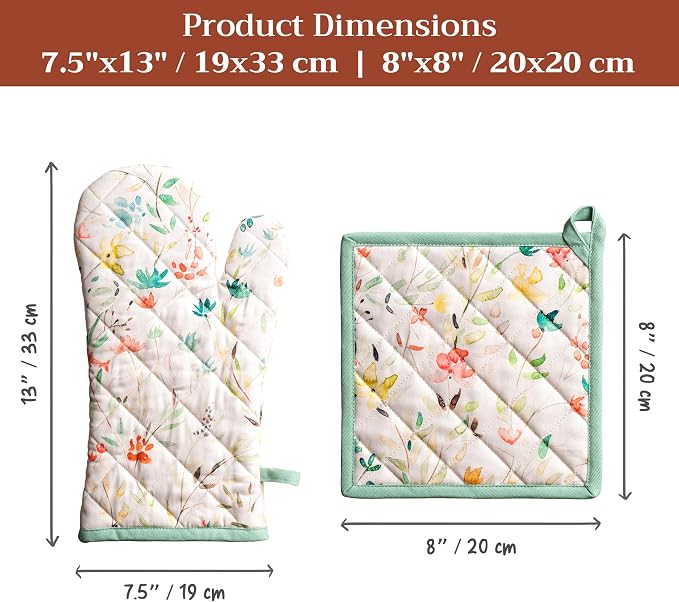 Maison d' Hermine 100% Cotton Oven Mitt & Pot Holder Set (7.5"x13" & 8"x8") | Heat Resistant BBQ Cooking Gloves with Loop Baking Grilling Kitchen Hotel Home Farmhouse Spring Summer - Colmar