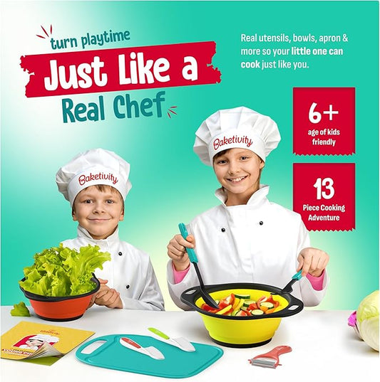 Baketivity Kids Cooking Set Real Utensils With Kitchen Tool Guide - Complete Junior Cooking Set Gift For Girls Or Boys With Mixing Bowls, Cutting Board, Knife, Apron - Kids Baking Set For Real Cooking