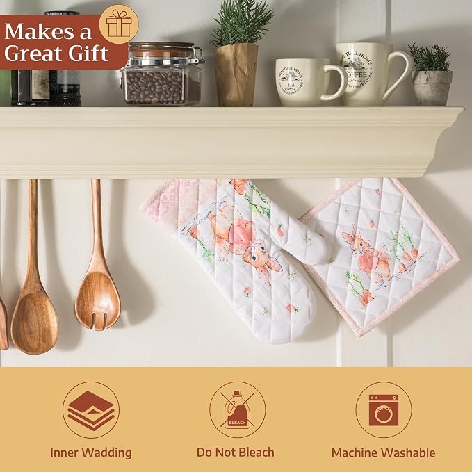 Maison d'Hermine Oven Gloves 100% Cotton Oven Mitt (7" x 13", Pack of 1) | With Loop Heat Resistant BBQ Cooking Gloves Baking Grilling Kitchen Handling Hot Pans Spring Summer - Bunny Party
