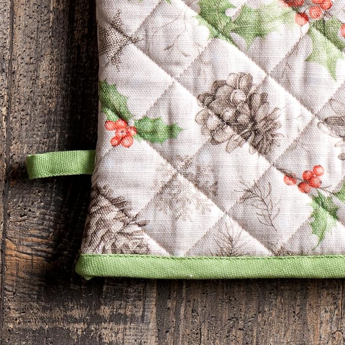 Maison d' Hermine 100% Cotton Oven Mitt & Pot Holder Set (7.5"x13" & 8"x8") | Heat Resistant BBQ Cooking Gloves with Loop Baking Grilling Kitchen Home Farmhouse Thanksgiving Christmas - Christmas Dew