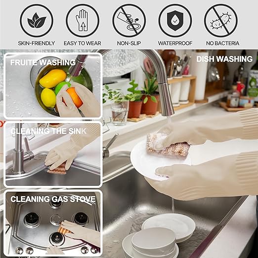 DABOGOSA Reusable Waterproof Household Dishwashing Cleaning Rubber Gloves, Non-Slip Kitchen Glove (Ivory, Small (Pack of 3))