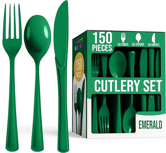 Party Solids Emerald Green Plastic Silverware Heavy Duty 150 Pieces Green Plastic Cutlery Sets, Utensil Sets, 50 Of Each Forks, Knives & Spoons Disposable Cutlery Set, Flatware Set For Party Supplies