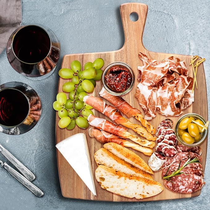 16.6"x13" Large Acacia Wood Cutting Board with Handle Big Wooden Charcuterie Boards Butcher Block Meat Cutting Boards for Kitchen Decor Bread Cheese Serving Platter Thick Teak Chopping Board Food Tray | Square Decorative Big Wooden Cutting Boards for D...