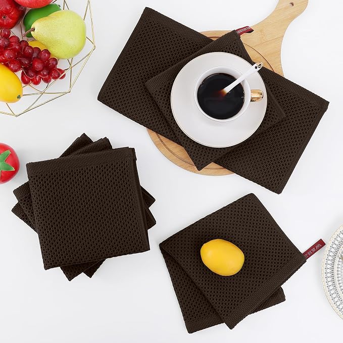 Homaxy 100% Cotton Waffle Weave Kitchen Dish Cloths, 7-Pack, Dark Brown | 12 x 12 Inches, Ultra Soft Absorbent Dish Towels, Quick Drying Dish Rags with Hanging Loop
