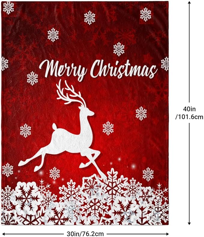 Merry Christmas Red Flannel Fleece Throw Blanket - White Snowflake Printed, Soft Plush for Bedroom, Couch, Sofa - 30"x40"