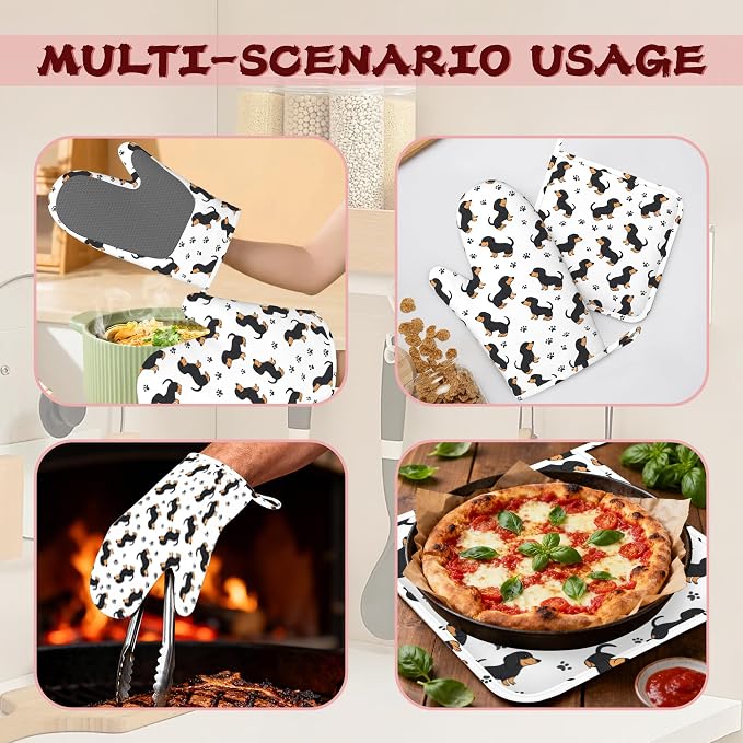 Cute Dachshund Dog Heat-Resistant Silicone Oven Mitts and Pot Holders 4 Piece Set,Extra Long Non-Slip Kitchen Oven Gloves for Cooking, Baking, BBQ,Grilling