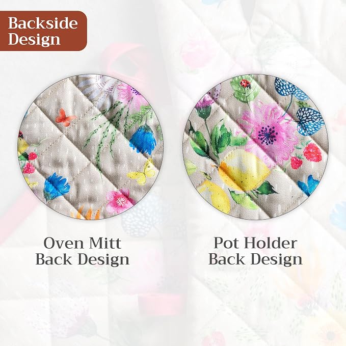 Maison d' Hermine 100% Cotton Oven Mitt & Pot Holder Set (7.5"x13" & 8"x8") | Heat Resistant BBQ Cooking Gloves with Loop Baking Grilling Kitchen Hotel Home Farmhouse Spring Summer - Jardin D'Ete - Fog