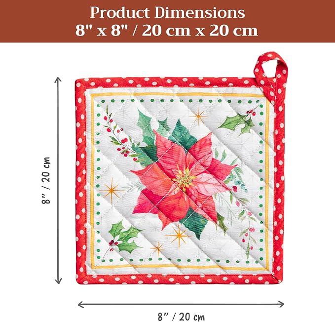 Maison d' Hermine Pot Holders 100% Cotton Potholders (8" x 8", Pack of 1) | Heat Resistant Hot Pads with Loop BBQ Cooking Baking Kitchen Handling Hot Pans Thanksgiving Christmas - Poinsettia Christmas