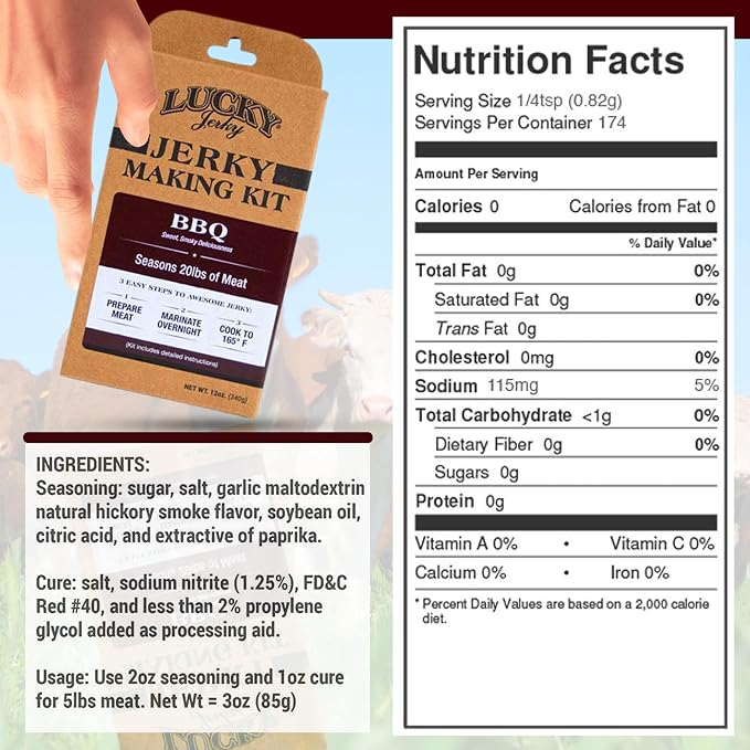 Lucky Jerky DIY Beef Jerky Seasoning and Cure Kit, 6 Flavors, 72 Oz | Make Your Own with Sweet and Spicy, Peppered, Red Pepper, Teriyaki, BBQ, and Original, Seasons 120lbs of Meat