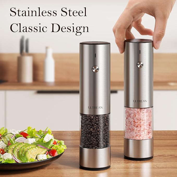 Ultrean Salt and Pepper Grinder Set, Rechargeable Salt and Pepper Shakers, 6 Adjustable Coarseness, LED Light, Kitchen Gadget Cooking Gifts Valentines Day Gifts for Him Her Mom Dad, Stainless Steel