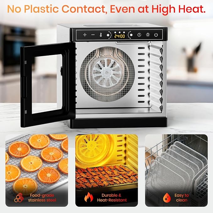 8-Tray Food Dehydrator, 400W, Stainless Steel, 195°F & 24H Time Control | Visible Window Built-in Lighting Stainless Steel