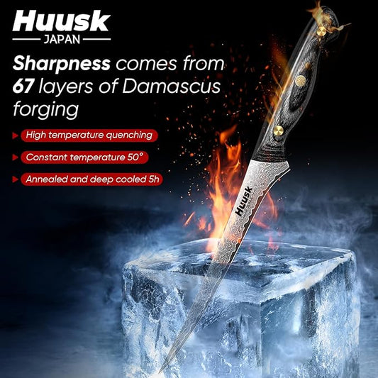 Huusk Damascus Fish Fillet Knife - 7 inch Flexible boning knife with VG10 Core, Kitchen Slicing Knife with Full Tang Handle, Birthday Dad Mom Gift