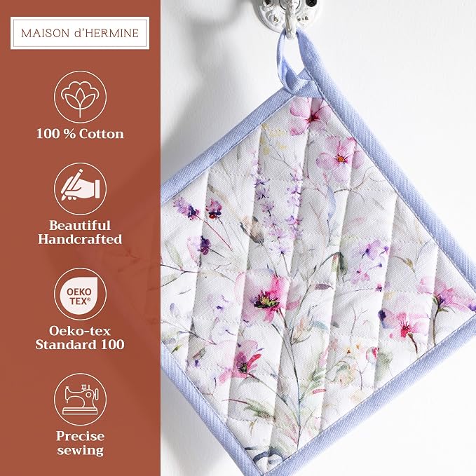 Maison d' Hermine Pot Holders 100% Cotton Potholders (8" x 8", Pack of 1) | Heat Resistant Hot Pads with Loop BBQ Cooking Baking Farmhouse Kitchen Handling Hot Pans Spring Summer - Summer Floral