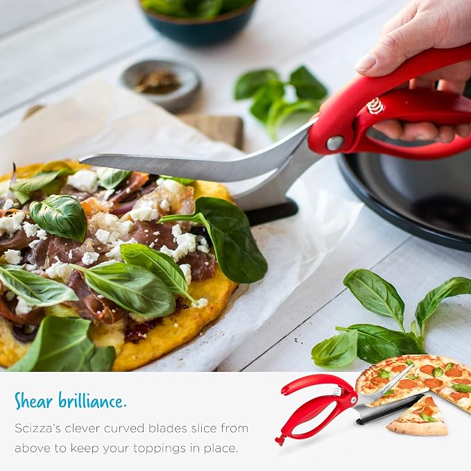 Dreamfarm Scizza 2-In-1 Easy Ergonomic Pizza Scissors with Stainless Steel Pizza Cutter Blades & Non-Stick Slice Server - Red | Cuts and serves pizza with non-scratch, heat resistant serving base, spring-loaded German stainless steel blades