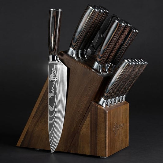 SENKEN 16-Piece Natural Acacia Wood Kitchen Knife Block Set - Japanese Chef's Knife Set with Laser Damascus Pattern, Includes Steak Knives, Kitchen Shears, Santoku, Cleaver & More (Wooden Handles)