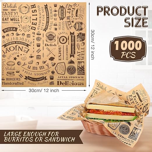 1000 Pcs 12 x 12 Inch Deli Wax Paper Sheets Grease Resistant Tray Basket Liners Newsprint Paper Water and Grease Proof Sandwich Wrapping Square Hot Dog Wrappers for Food Baking (Brown)