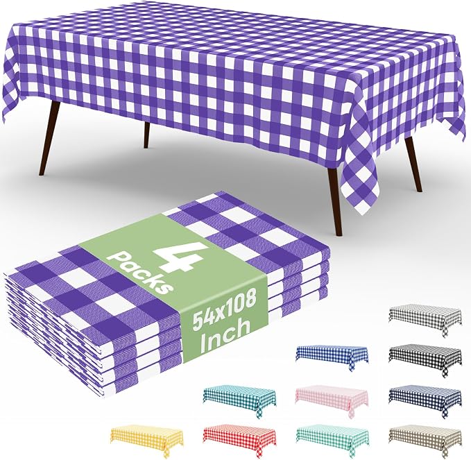 4 Packs Buffalo Disposable Table Cloth, 54 x 108 Inch Waterproof Plastic Tablecloth, Rectangle Purple and White Checkered Table Covers for Picnic, Birthday, Party, Back to School