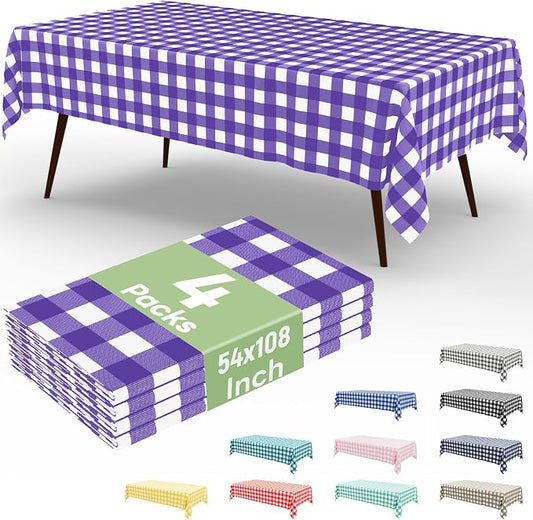 4 Packs Buffalo Disposable Table Cloth, 54 x 108 Inch Waterproof Plastic Tablecloth, Rectangle Purple and White Checkered Table Covers for Picnic, Birthday, Party, Back to School