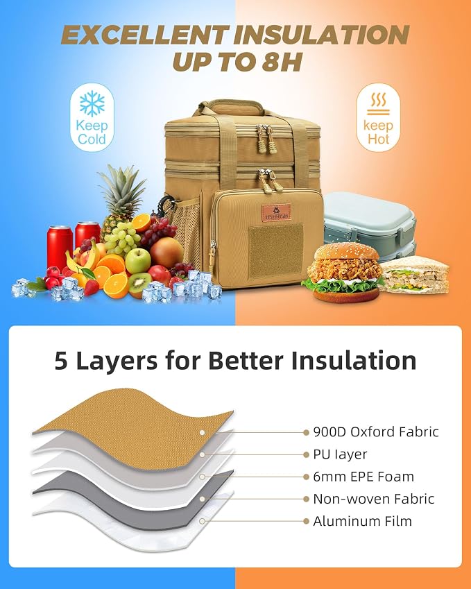HSHRISH Expandable Large Tactical Lunch Box for Adults, Durable Insulated Lunch Bag with Lots of Storage Space, Cooler Bag for Men Women Work Outdoor Picnic Trip, 16 L, Black