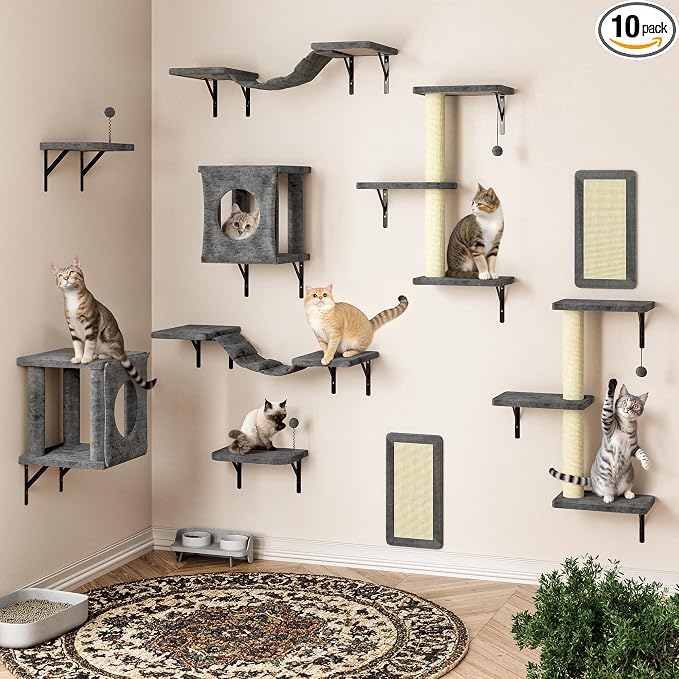 10 Pcs Cat Wall Shelves Set, Wall-Mounted Climber with Cat House, Scratching Post, Bridge, Hammock, Space-Saving Play Furniture, Grey