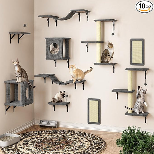 10 Pcs Cat Wall Shelves Set, Wall-Mounted Climber with Cat House, Scratching Post, Bridge, Hammock, Space-Saving Play Furniture, Grey