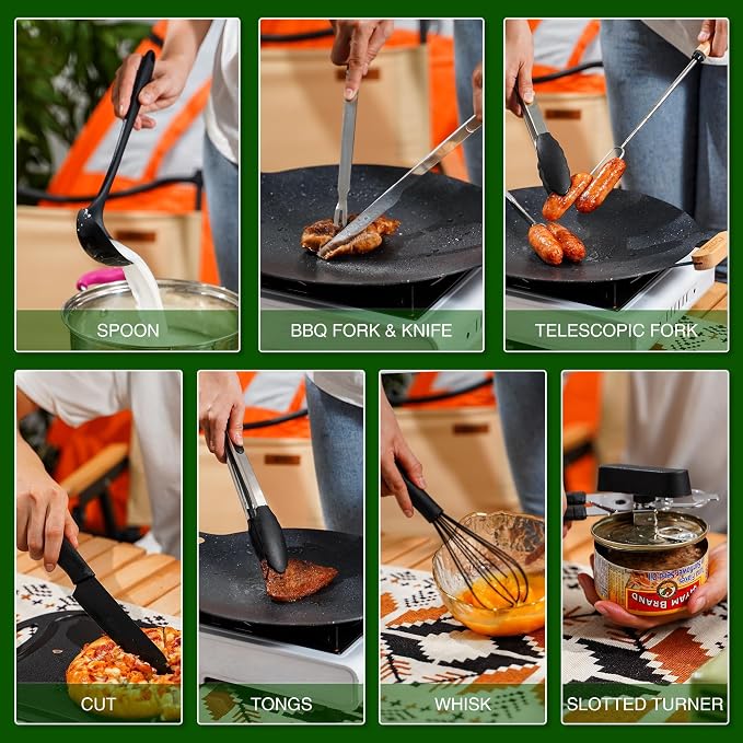 Wesqunie Camping Cooking Utensils Set, Cookware Set for Outdoor Hiking BBQ | Stainless Steel & Silicone Mess Kit, Durable Outdoor Kitchen Gear for Hiking, RV, Picnic Grill & Travel Camping Meal Prep