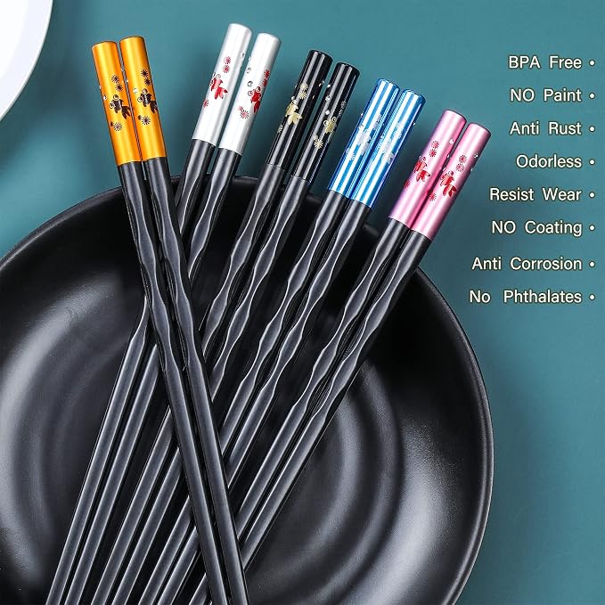 Fiberglass Chopsticks Series - Japanese Non-Slip Chopstick, Reusable Chop Sticks Dishwasher Safe, 5 Pairs, Gift Set, 9.9 Inches,Golden Fish