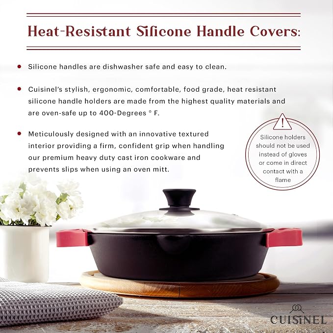 Cast Iron Skillet Set - 10" + 12"-Inch Dual Handle Frying Pans + Glass Lids + Silicone Handle Holder Covers - Pre-seasoned Oven Safe Cookware - Indoor/Outdoor Use - Grill, Stovetop, Induction Safe