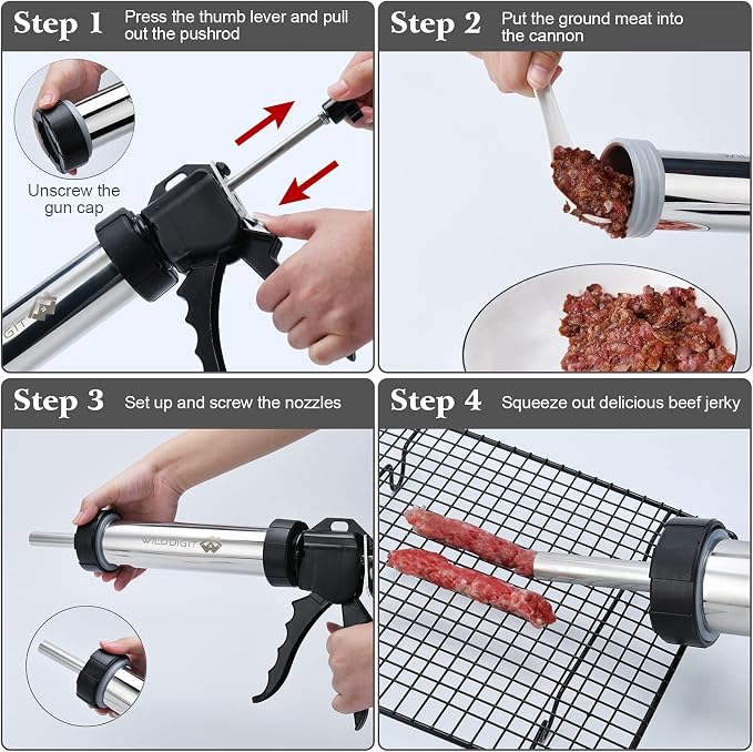 Professional Beef Jerky Gun Kits, Stainless Steel Jerky Maker, Jerky Cannon, Meat Gun with 5 Stainless Nozzles and 5 Brushes