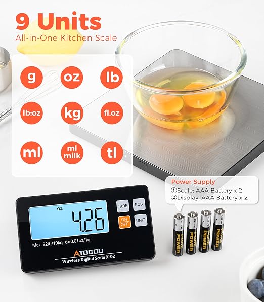 Atogou Wireless Kitchen Scale, 22lb/10kg Food Scale with Detachable Display & Larger Platform, 0.01oz/1g, 9 Units, Counting Function, Stainless Steel, for Cooking, Baking, Shipping, Sliver