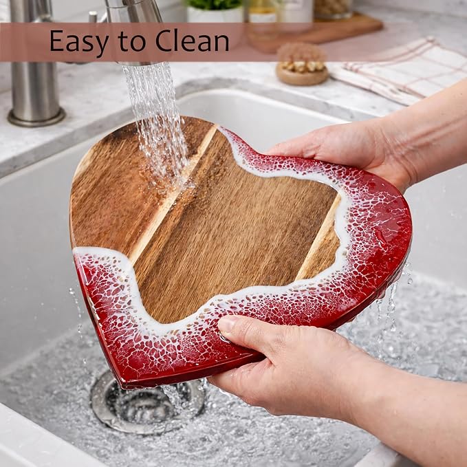 Heart Serving Board - Acacia Wood with Epoxy (11.8" x 10.6"), Adorable Charcuterie Cheese Tray, Kitchen Gift Idea, Cute Cutting Board for Women, Valentine Gift, Housewarming Present