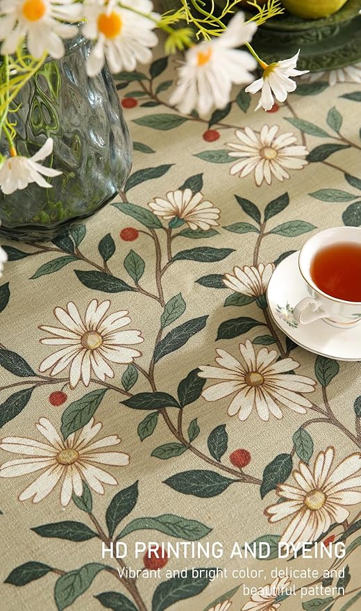 ISAENNE Designer Green Linen Tablecloth Rectangular,Floral French Country Indoor Table Cloth,Stain Resistant Home Decor Tablecloths for Dining Kitchen Thanksgiving Party,55"*87"-Brune