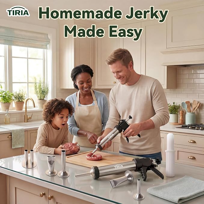 TIRIA Beef Jerky Gun Jerky Maker Sausage Stuffer Meat Stick Gun Cannon Kits | Stainless Steel Build, For Ground Meat, 5 Nozzles, 1 Meat Pusher, 5 Cleaning Brushes, Bonus Gloves, Great For Homemade Snacks