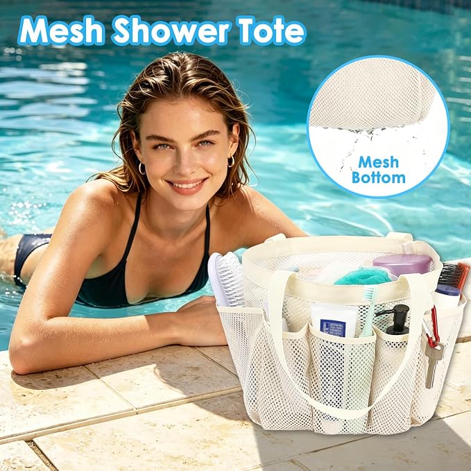 Fammart Mesh Shower Caddy Portable for College Dorm Room Essentials, Odorless Polyester Large Shower Tote Bag with Dual Handles, 8-Pocket Quick-Dry Toiletry Organizer for Travel, Beach, Camping, Gym
