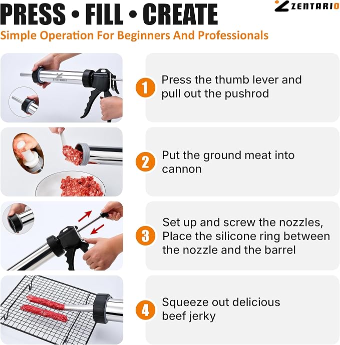 Jerky Gun for Ground Meat, Stainless Steel Beef Jerky Maker Kit | Beef jerky gun stainless steel 304, meat stick maker, 5 nozzles, 5 brushes, meat pusher, gloves, 1.7 lb barrel