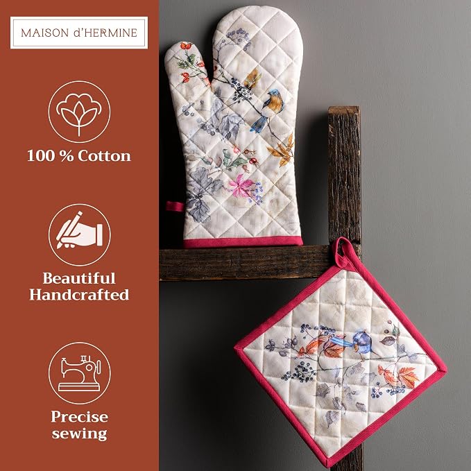 Maison d' Hermine 100% Cotton Oven Mitt & Pot Holder Set (7.5"x13" & 8"x8") | Heat Resistant BBQ Cooking Gloves with Loop Baking Kitchen Hotel Home Farmhouse Thanksgiving Christmas - Equinoxe - Beige
