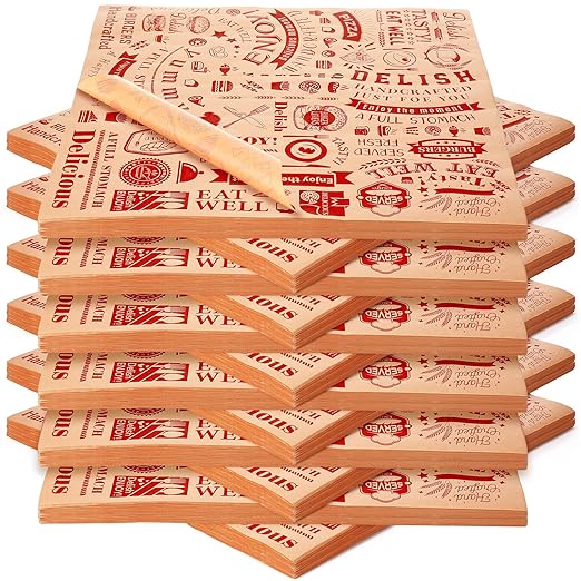 Outus 1000 Pcs 12 x 12 Inch Deli Wax Paper Sheets Grease Resistant Tray Basket Liners Newsprint Paper Water and Grease Proof Sandwich Wrapping Square Hot Dog Wrappers for Food Baking (Red on Brown)