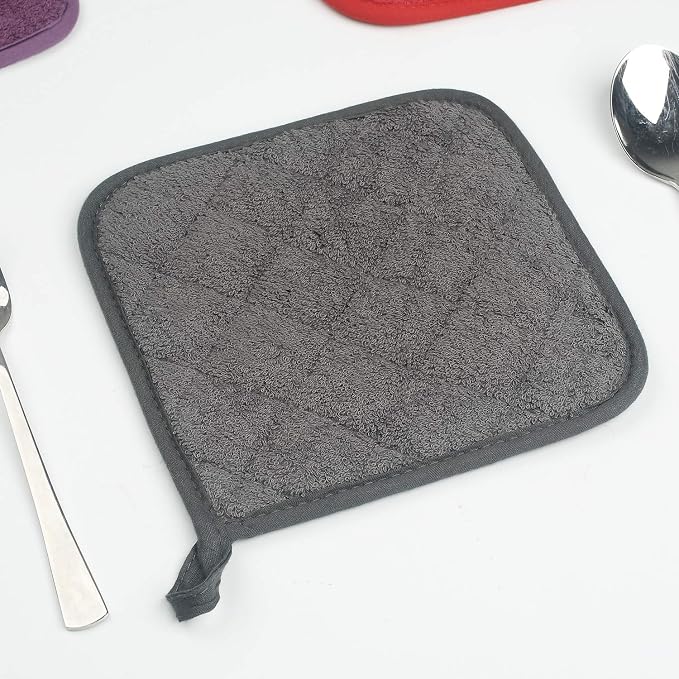 Pot Holders for Kitchen, 100% Cotton Terry Pot Holder Set of 5, Heat Resistant Hot Pads for Cooking, Baking, Hot Dishes and Countertop Protection, Mineral Gray
