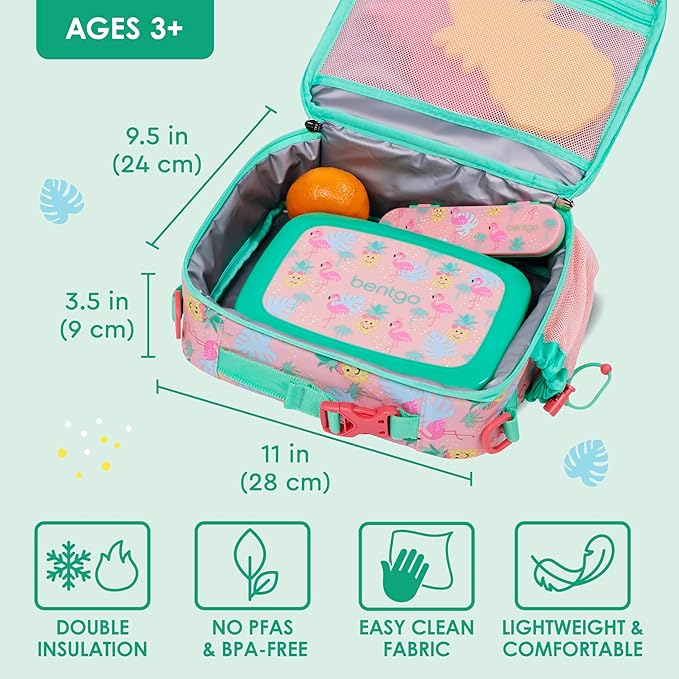Bentgo Kids Lunch Bag - Durable, Double-Insulated Lunch Bag for Kids 3+; Holds Lunch Box, Water Bottle, & Snacks; Easy-Clean Water-Resistant Fabric & Multiple Zippered Pockets (Tropical)
