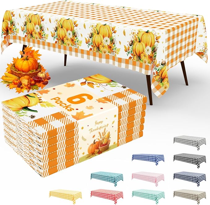6 Packs Buffalo Disposable Table Cloth, 54 x 108 Inch Waterproof Plastic Tablecloth, Rectangle Pumpkin Orange and White Checkered Table Covers for Picnic, Birthday, Party